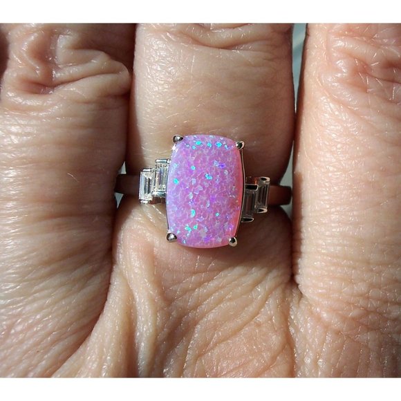925 STERLING SILVER Lab Created Pink Fire Opal Cubic Zirconia Ring - Picture 3 of 15